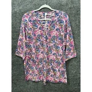 Lulu-B 3/4 Sleeve Henley Tunic Top Womens Large Pink Blue Seahorse V-Neck Beachy